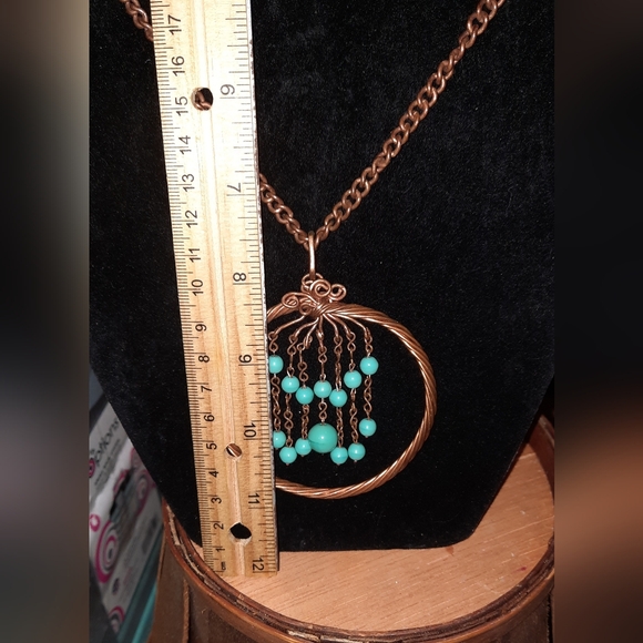 Artisan copper beaded wire pendant and necklace turquoise color beads - Picture 3 of 6